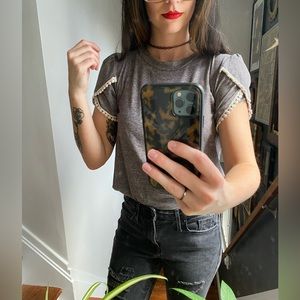 Gray Heather Top with Scalloped Lace Sleeves